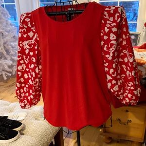 Chico's Red Blouse with Heart Pattern Sleeves